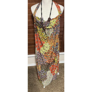 Colorful maxi dress long stretchy sleeveless halter beaded neckline boho sz M